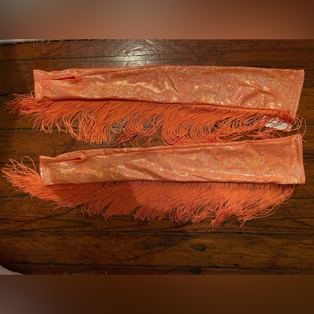 Sparkling Orange Fingerless arm warmers with fringe